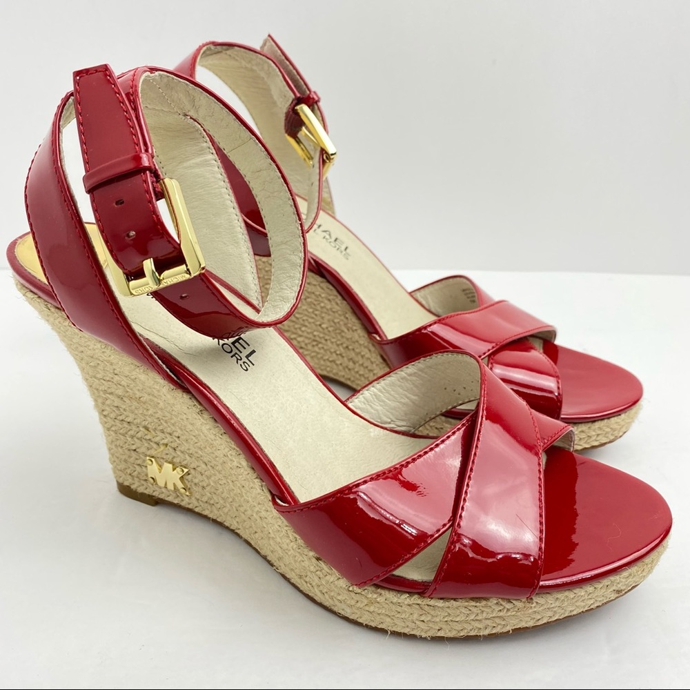 Michael Kors Sz 7M Red Patent Leather Wedge Espadrille Ankle Strap Shoes